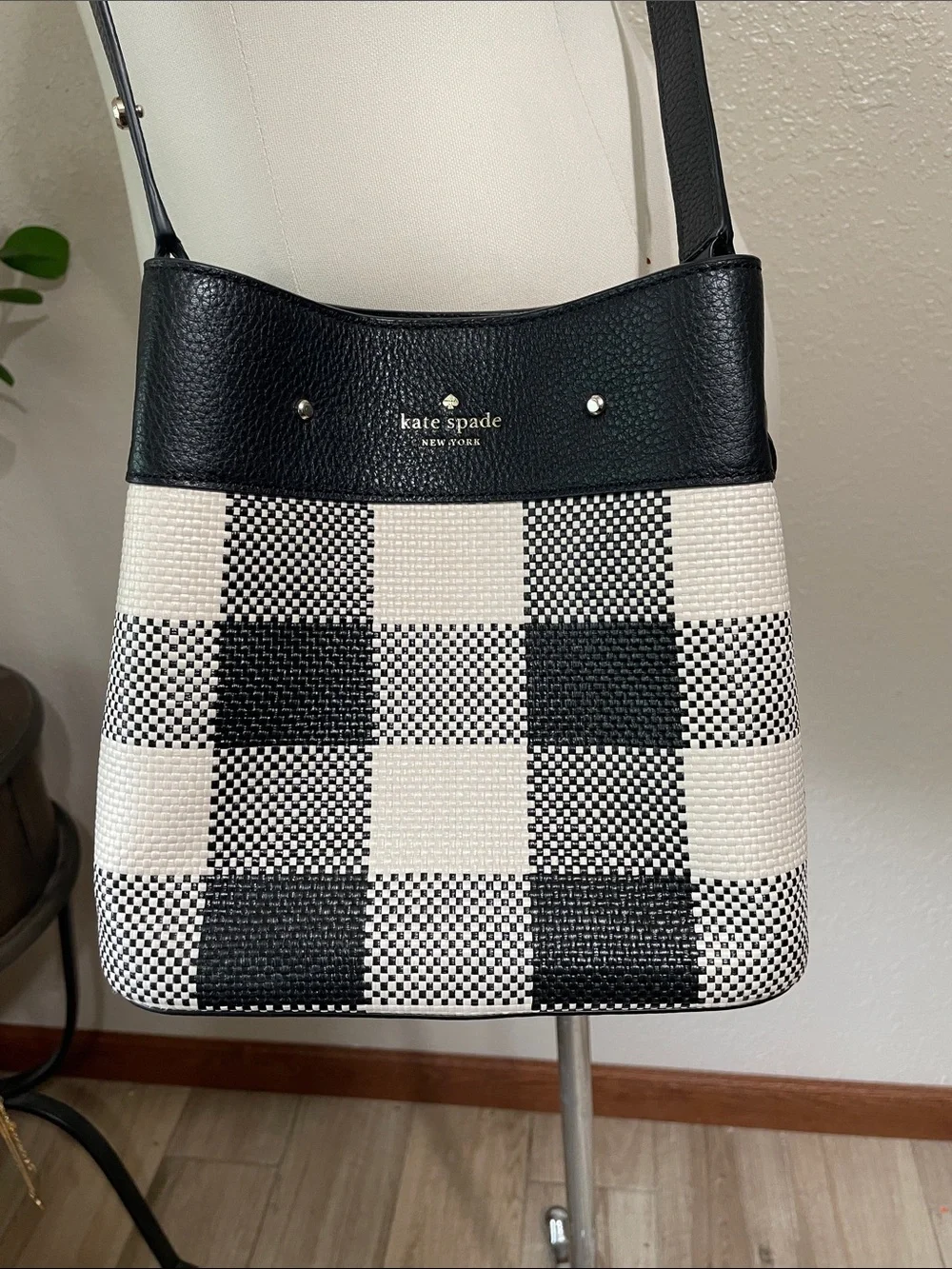 kate spade Marti small Black and White Buffalo Check Crossbody Bag